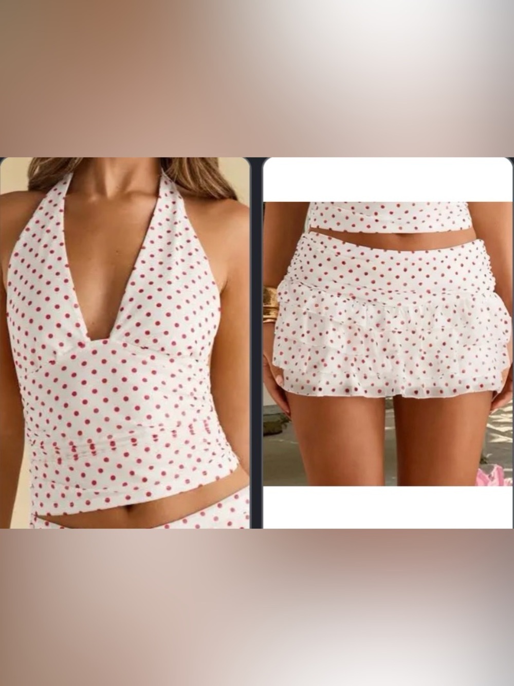 Polka Dot Halter Crop Top & Ruffled Mini Skirt Set - White with Red Dots